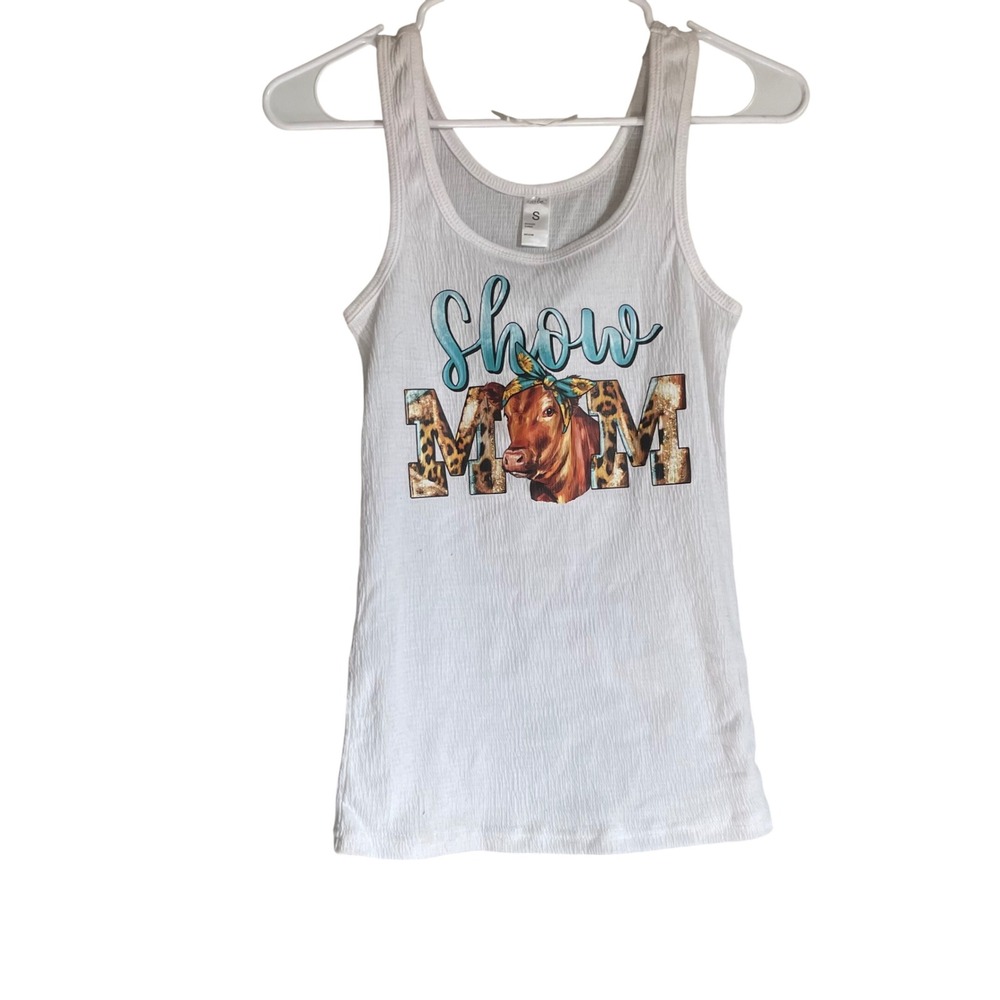 New Just Be Show‎ Mom Cow Graphic Tank Top White Women's Size S Country